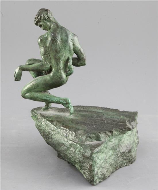 Tom Merrifield (1933-). A bronze model of a nude crouched upon a rock, Faune in Minature 1987 height 6.5in.